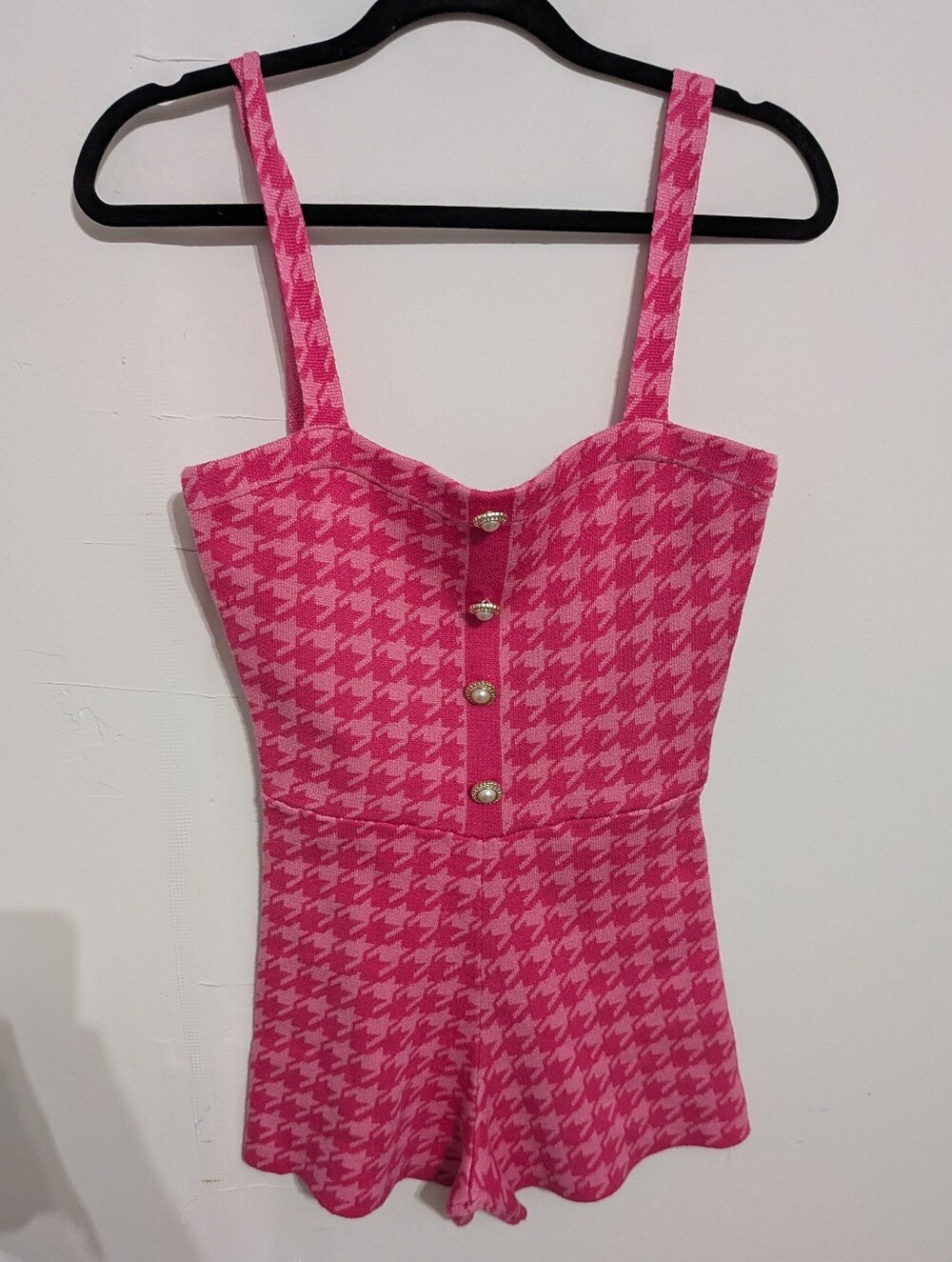 Pink Houndstooth Sleeveless Romper with Button Front